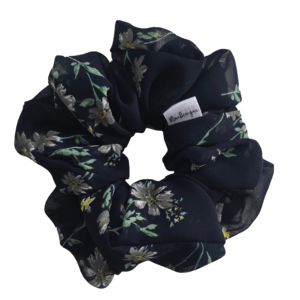 Blue Floral Chiffon Style Scrunchie. XXL. Light Weight.