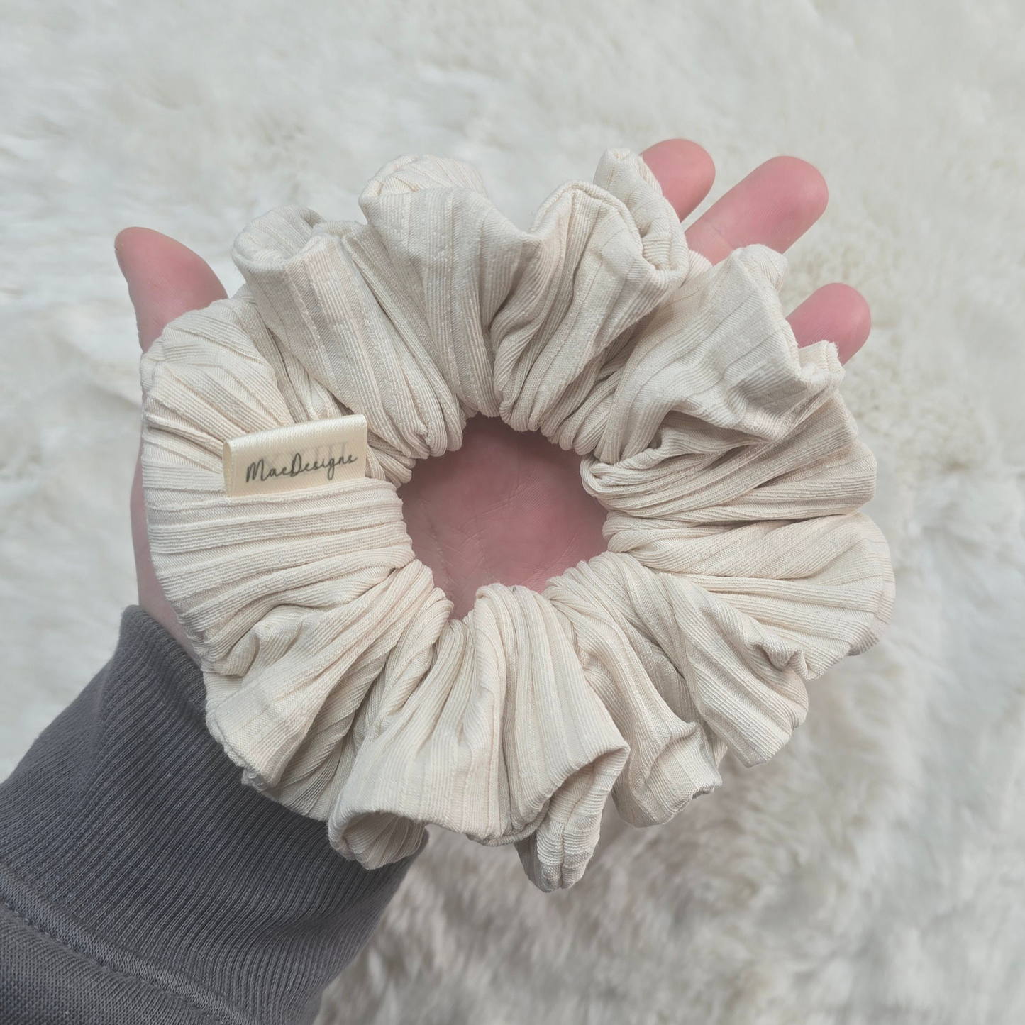 Beige Wide Ribbed Jersey Style Scrunchie, Large