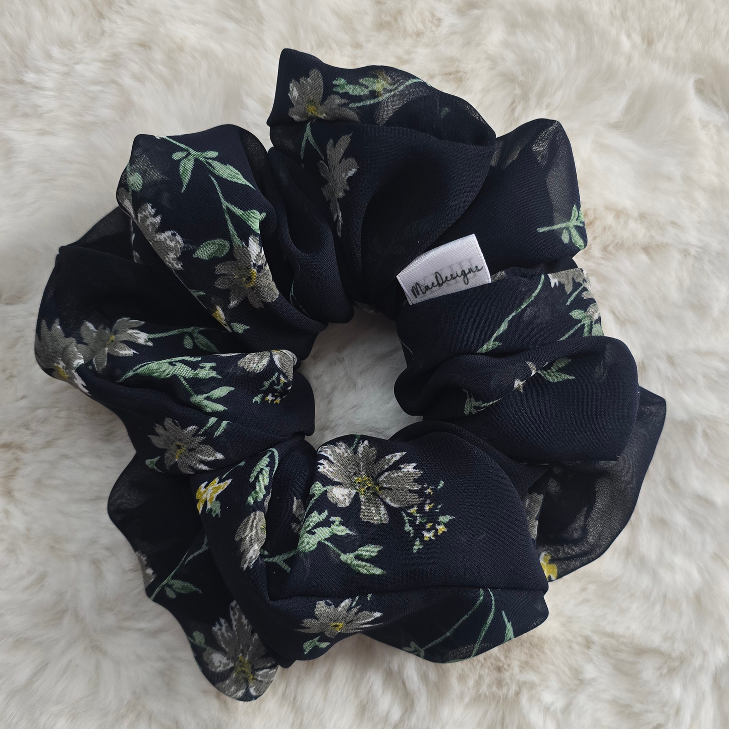 Blue Floral Chiffon Style Scrunchie. XXL. Light Weight.