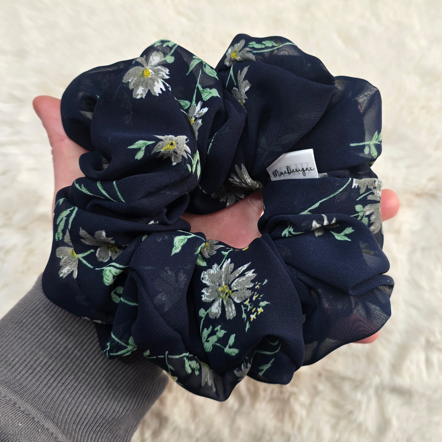 Blue Floral Chiffon Style Scrunchie. XXL. Light Weight.