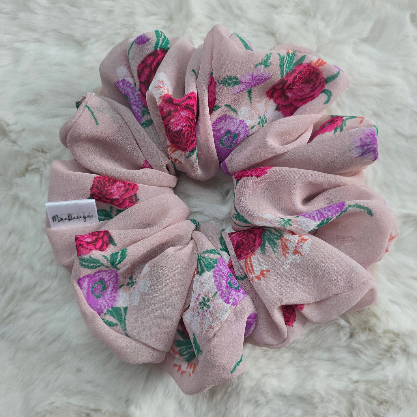 Pink Floral Chiffon Style Scrunchie. XXL. Light Weight.