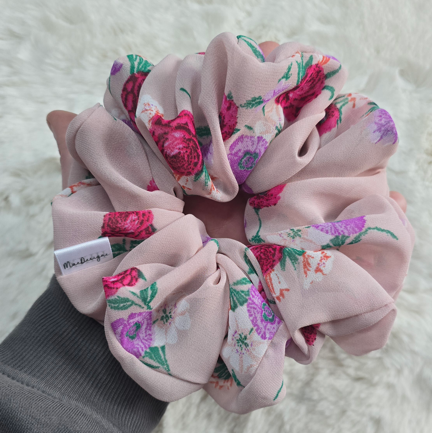 Pink Floral Chiffon Style Scrunchie. XXL. Light Weight.