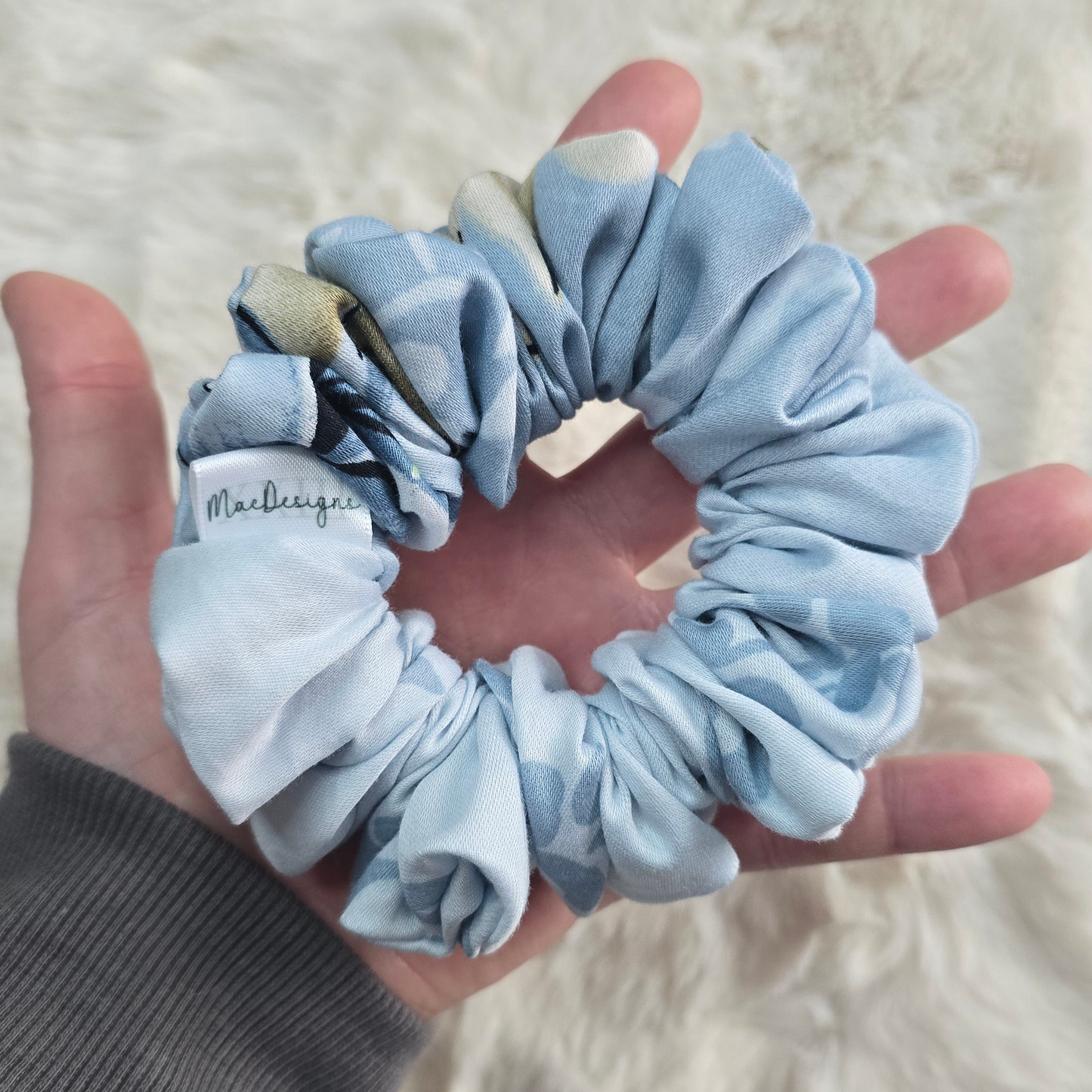 Blue Green Floral Scrunchie. Orignal Fluffy.
