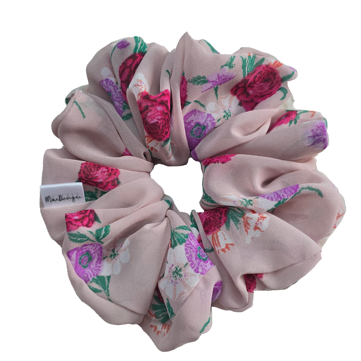 Pink Floral Chiffon Style Scrunchie. XXL. Light Weight.