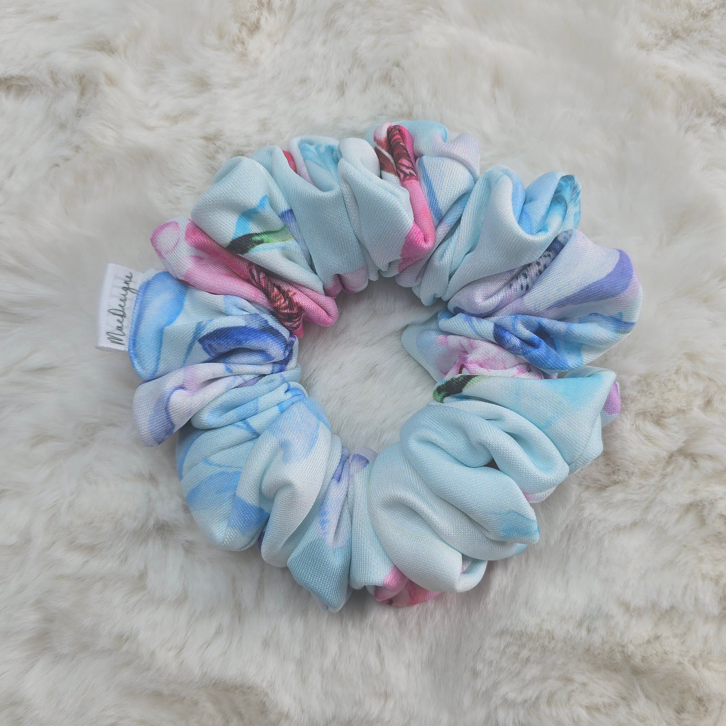 Blue Pink Floral Scuba Material Scrunchie. OG Fluffy.