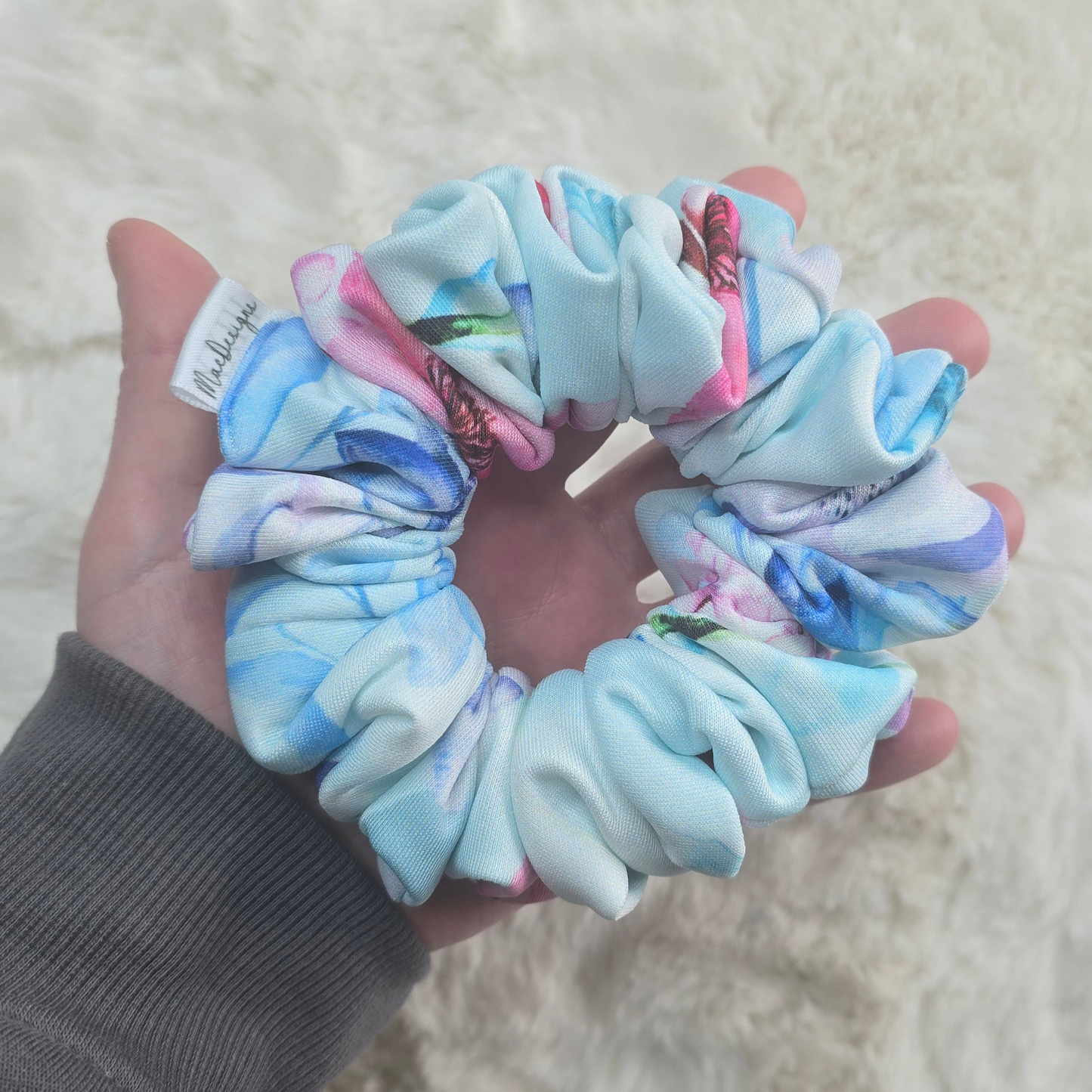Blue Pink Floral Scuba Material Scrunchie. OG Fluffy.