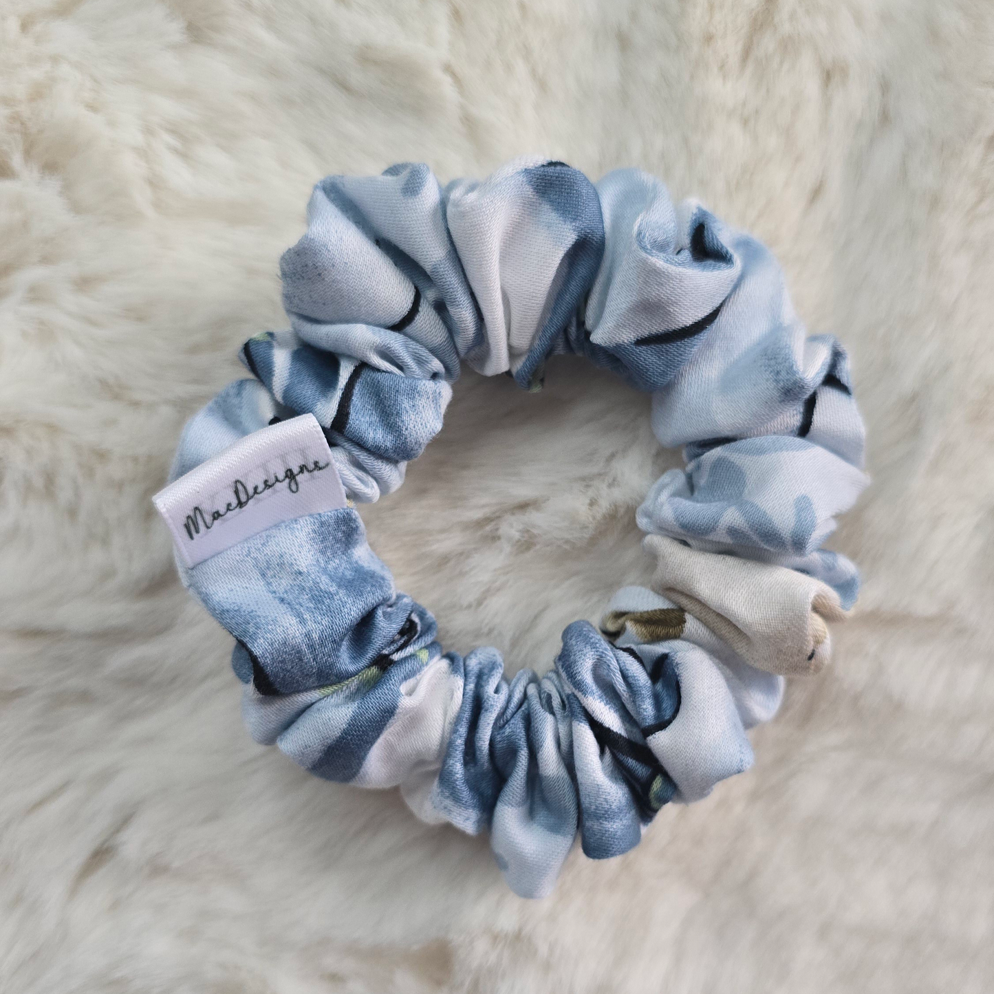 Blue Green Floral Scrunchie. Mini.