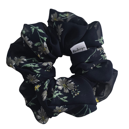 Blue Floral Chiffon Style Scrunchie. XXL. Light Weight.