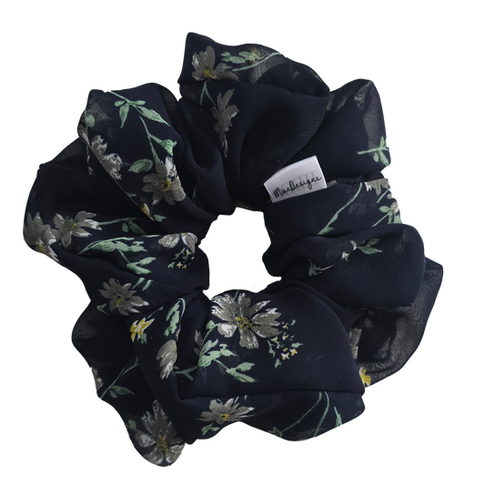 Blue Floral Chiffon Style Scrunchie. XXL. Light Weight.