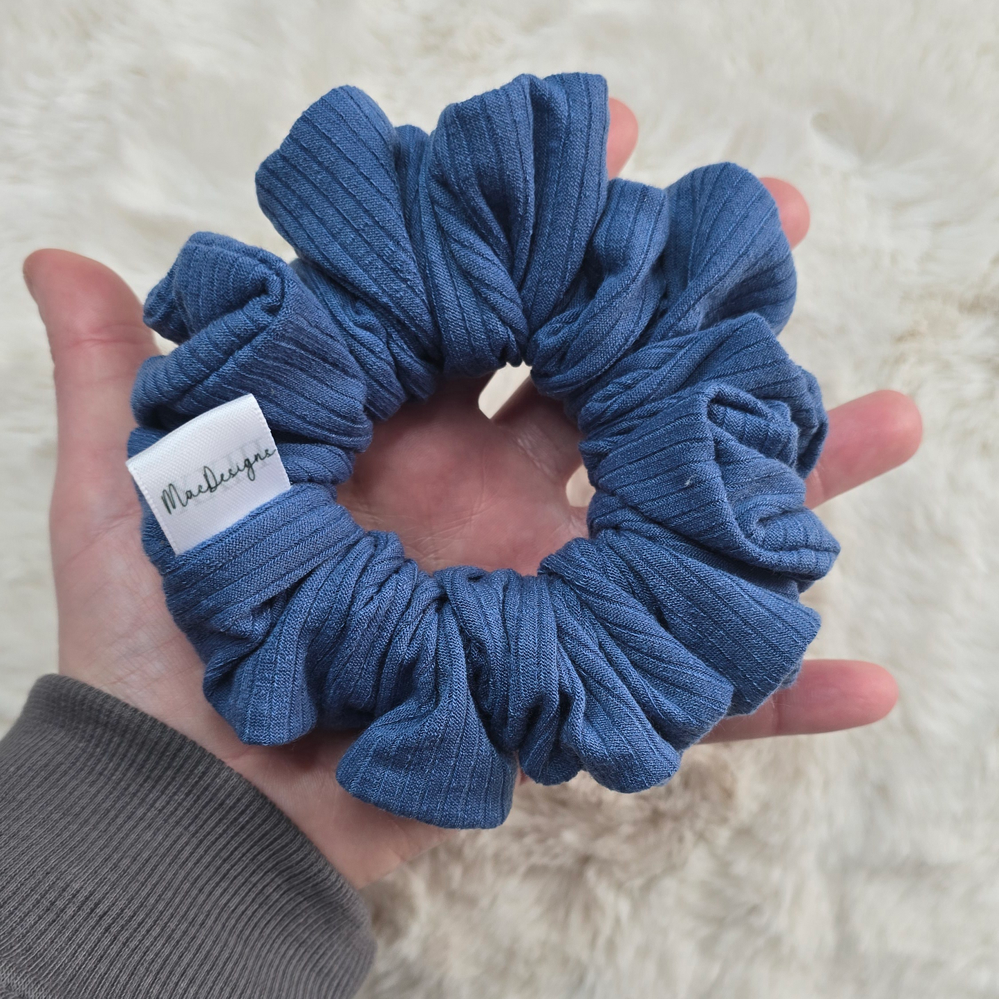Blue Wide Ribbed Jersey Scrunchie, Orignal Fluffy