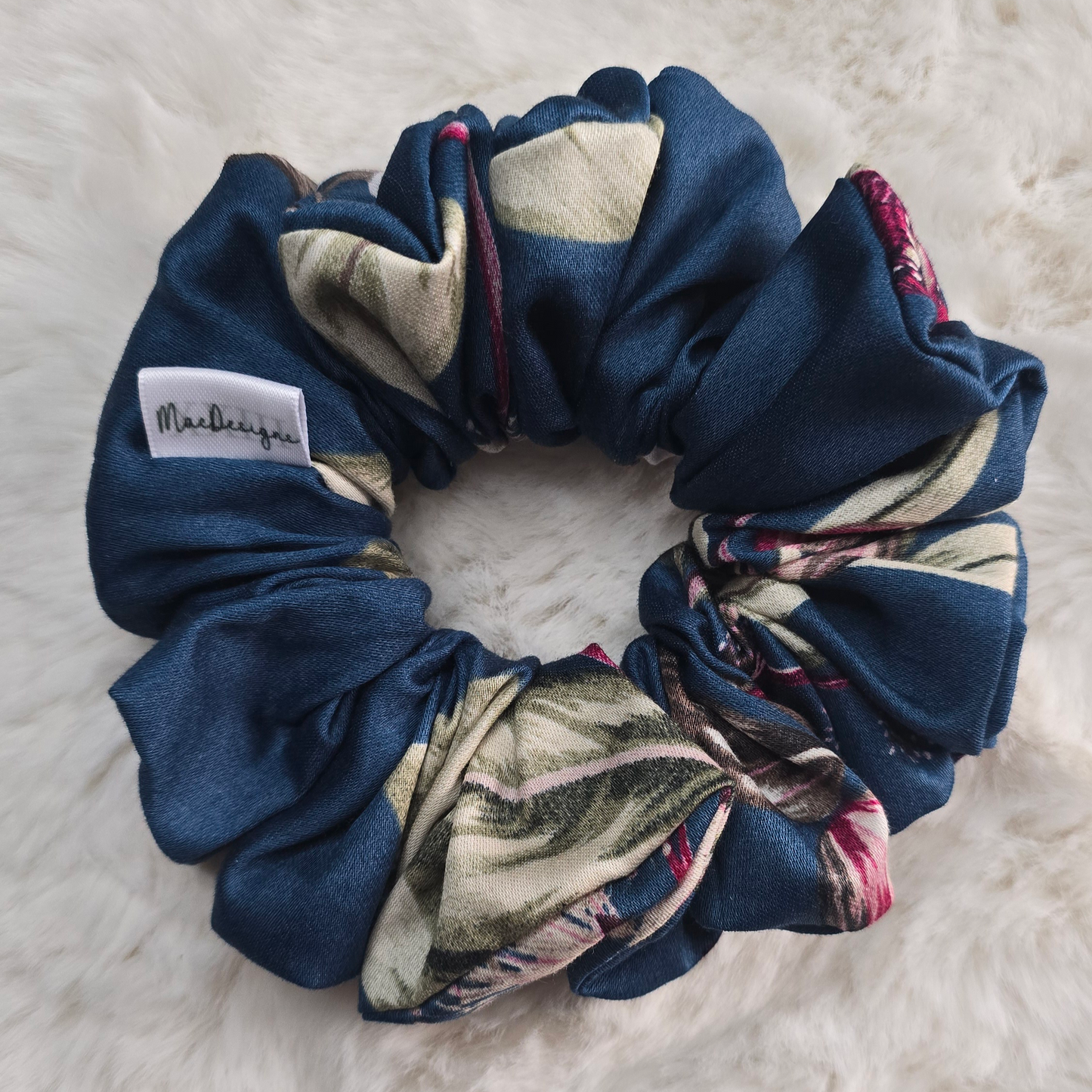 Blue Multi Floral Scrunchie. Large Fluffy.