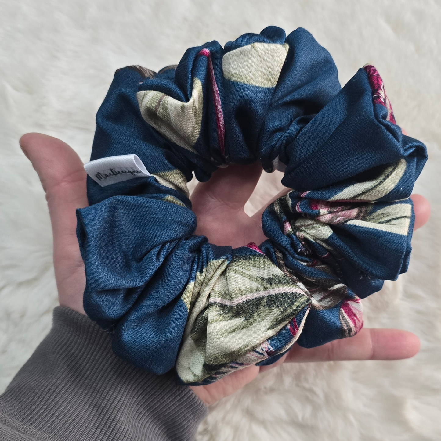 Blue Multi Floral Scrunchie. Large Fluffy.