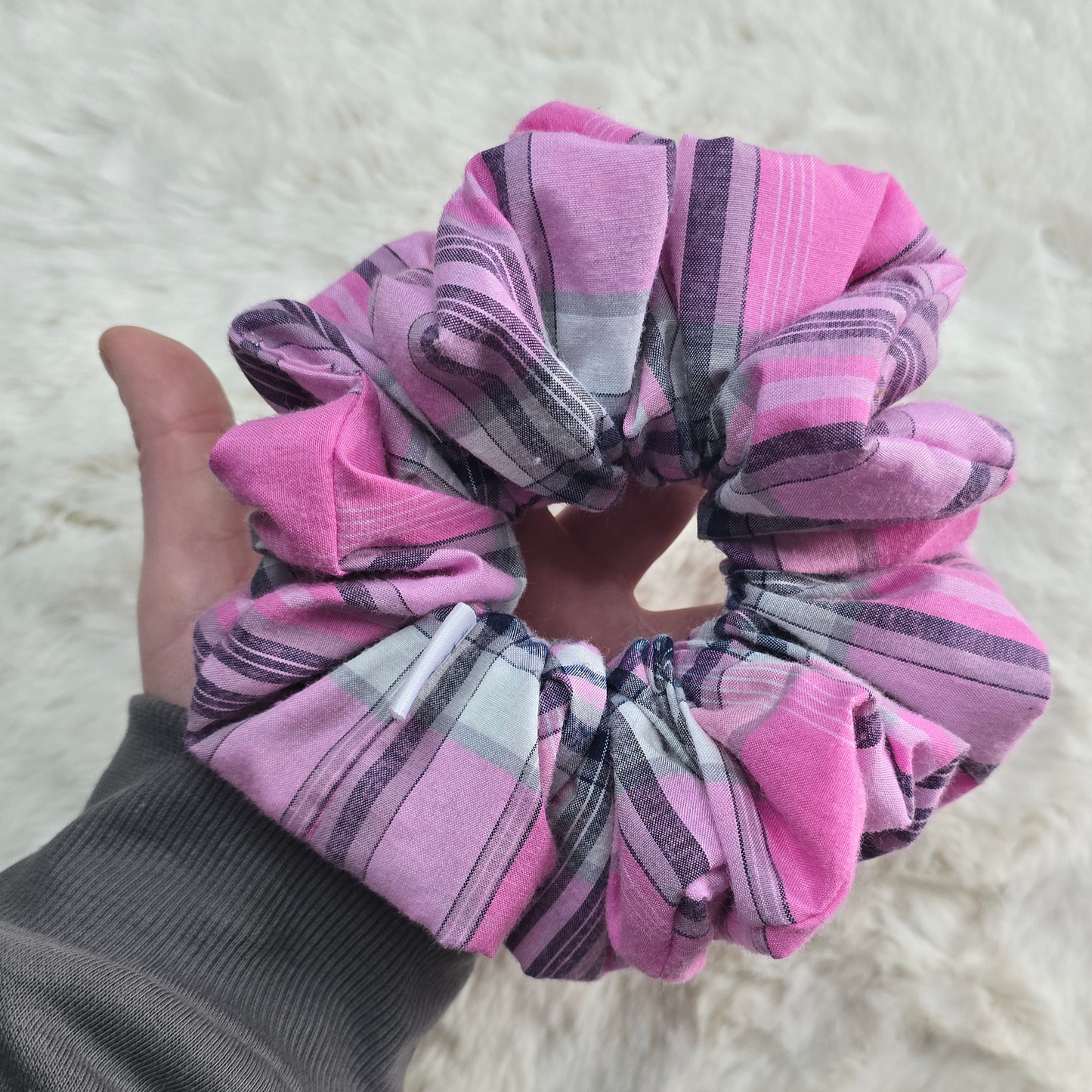Pink Tartan Scrunchie. Hand Crafted brushed cotton feel. Hair tie.