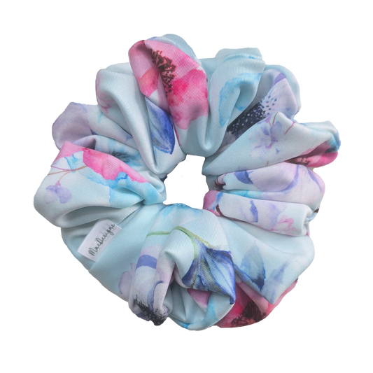 Blue Pink Floral Scuba Material Scrunchie. XL.