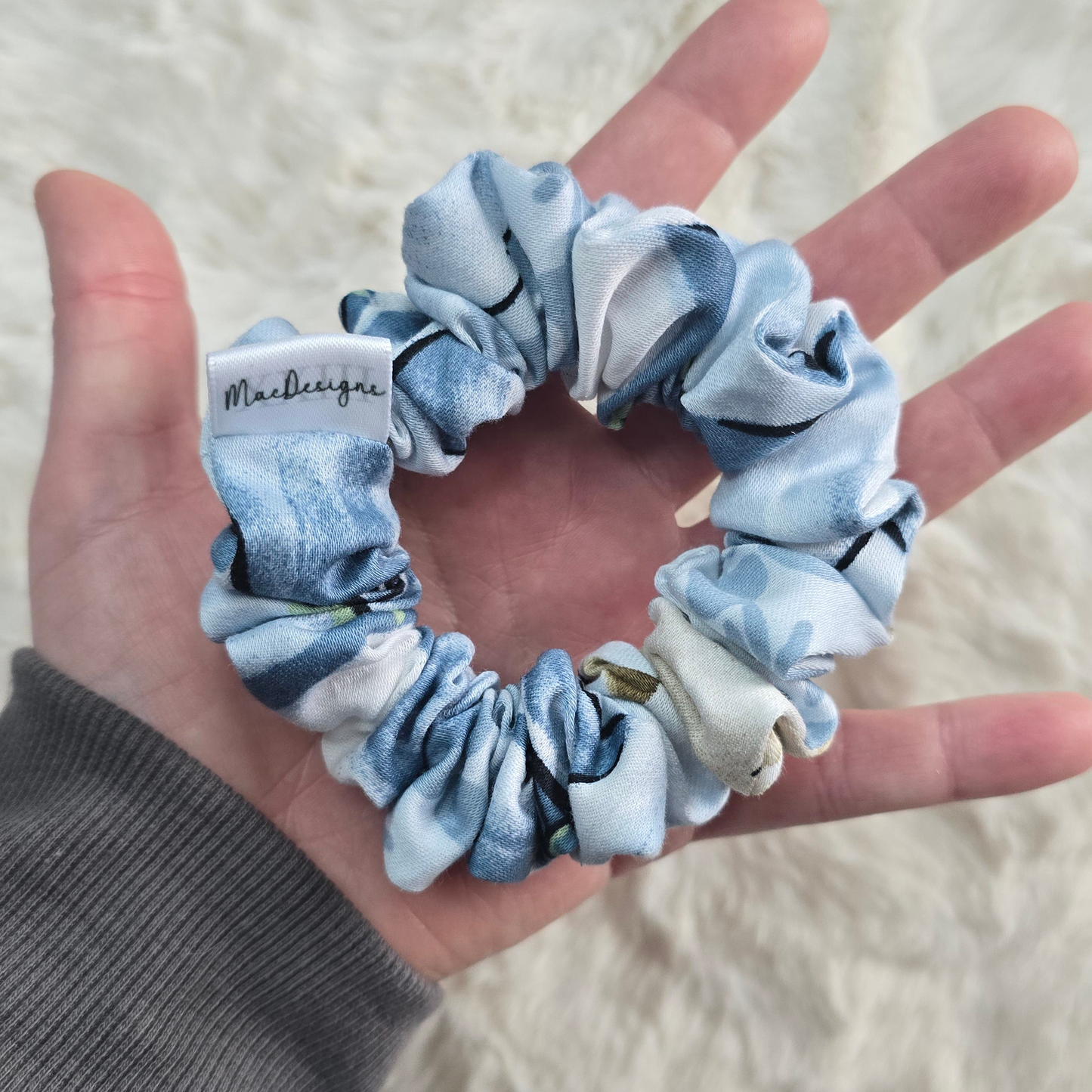Blue Green Floral Scrunchie. Mini.
