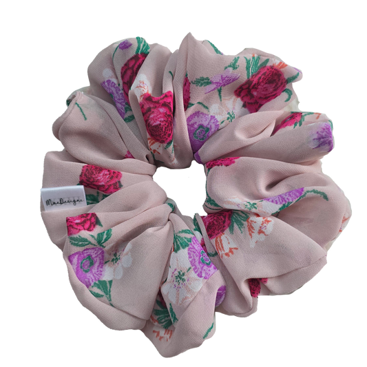 Pink Floral Chiffon Style Scrunchie. XXL. Light Weight.