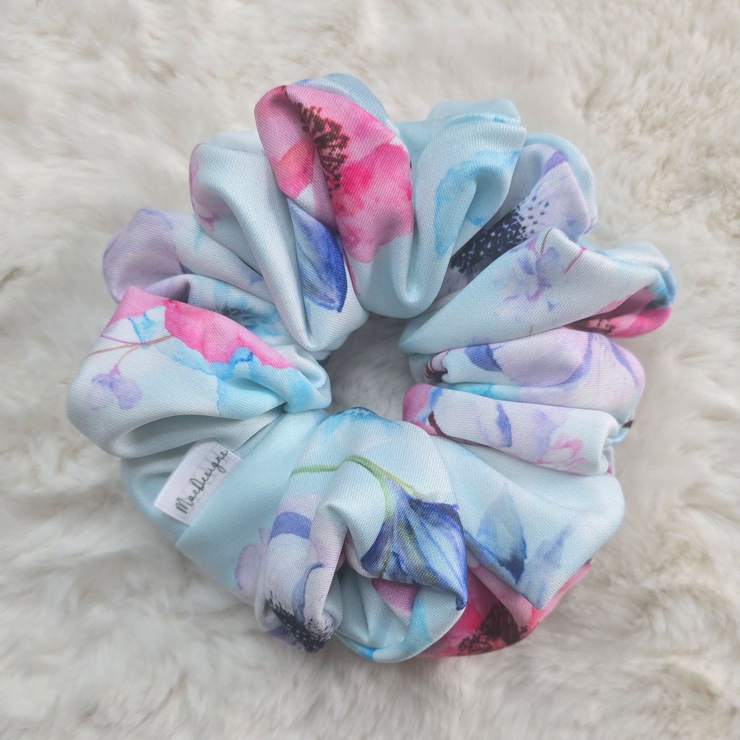 Blue Pink Floral Scuba Material Scrunchie. XL.