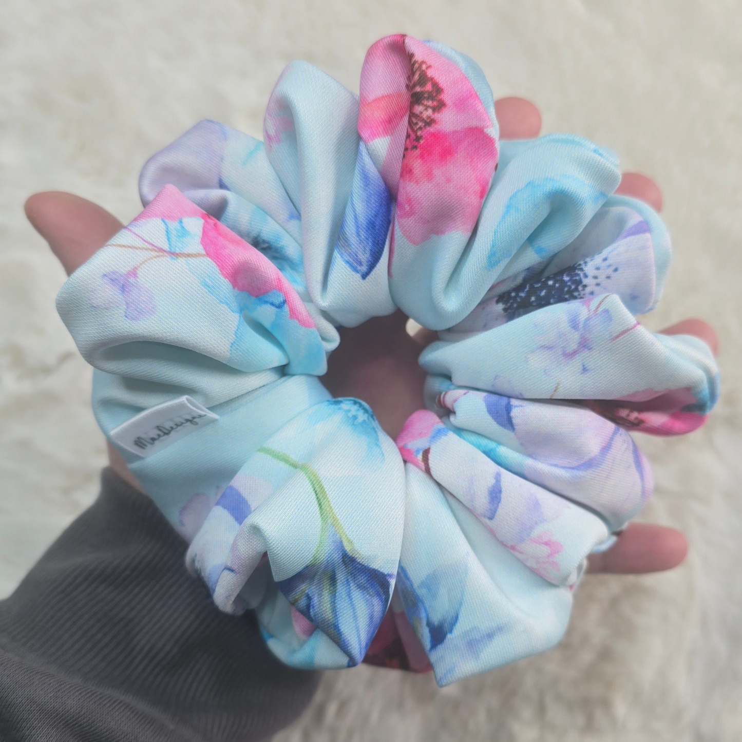 Blue Pink Floral Scuba Material Scrunchie. XL.