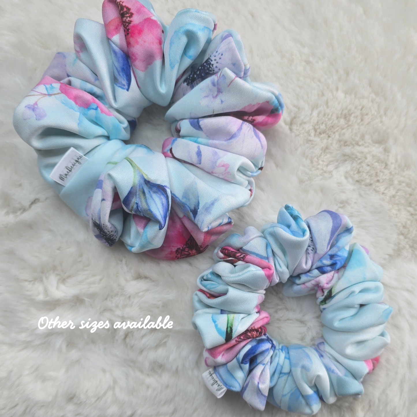 Blue Pink Floral Scuba Material Scrunchie. XL.
