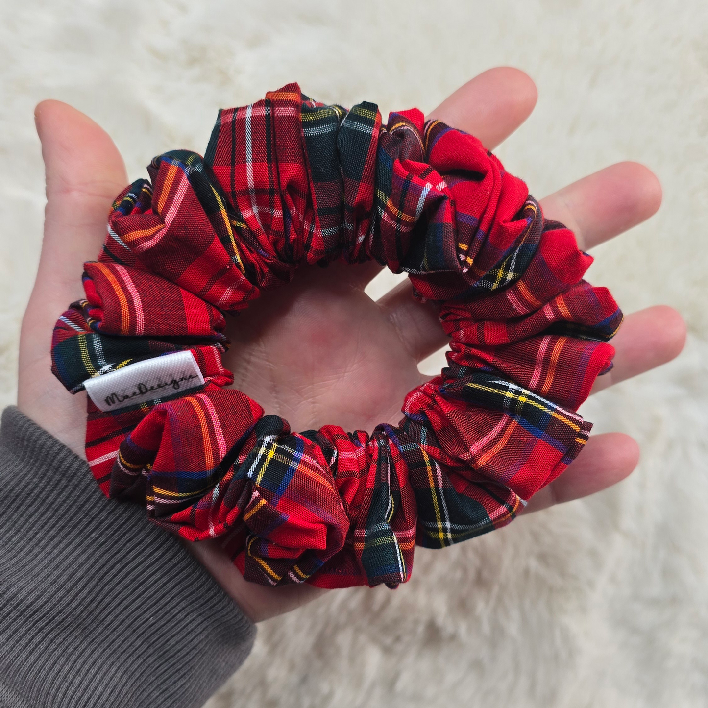 Hand crafted Scrunchie. Fluffy Red tartan hair tie.
