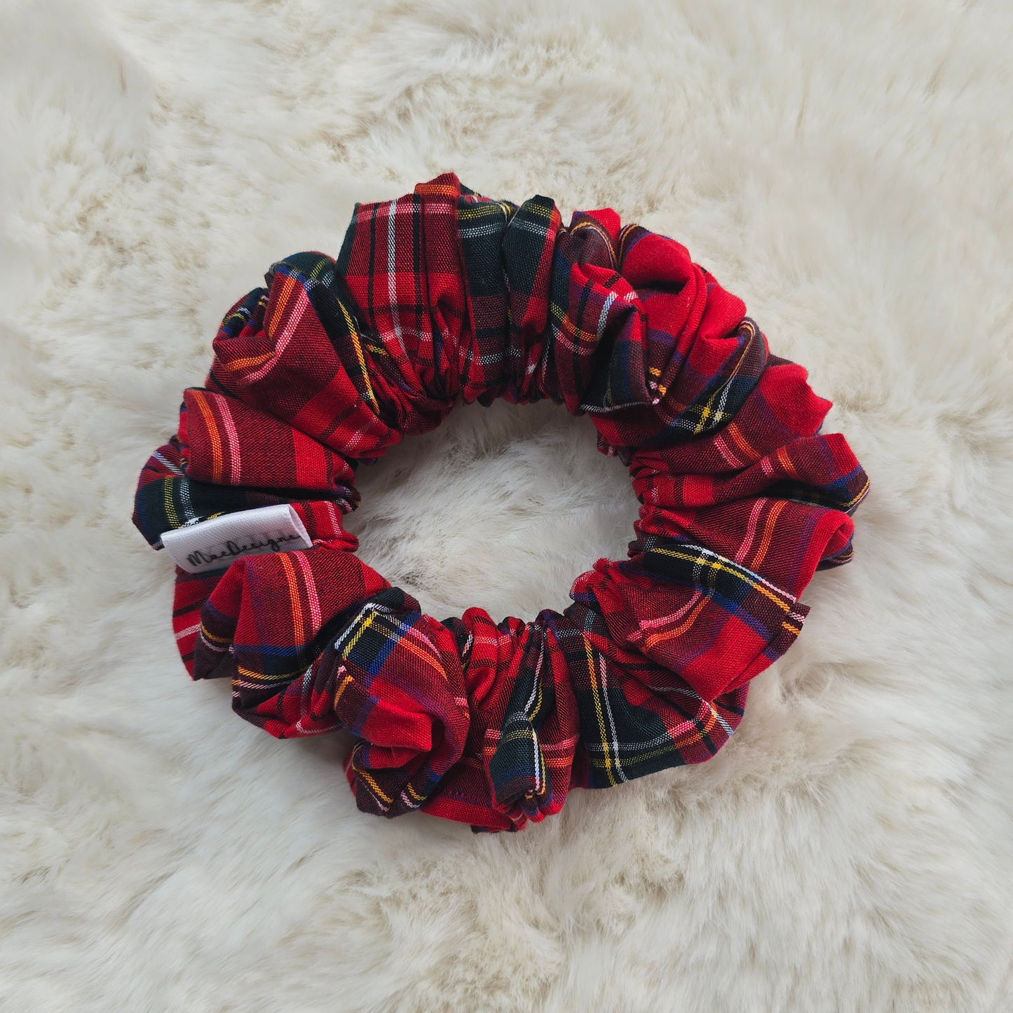 Hand crafted Scrunchie. Fluffy Red tartan hair tie.